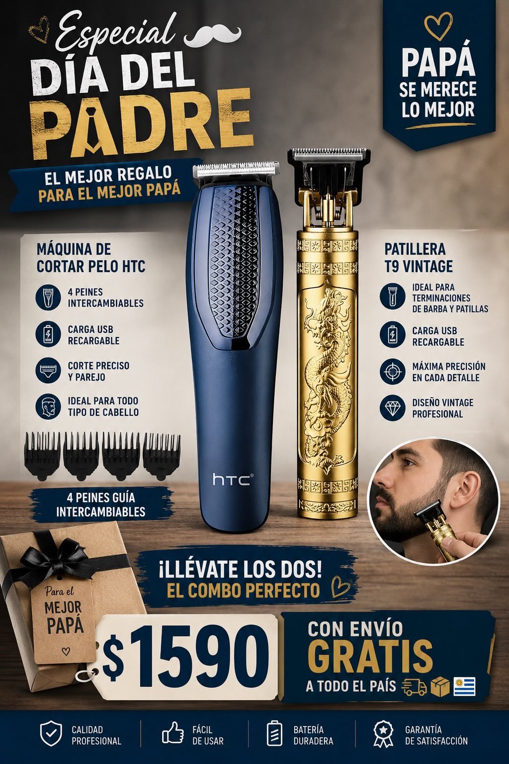 Maquina De Cortar Pelo HTC + Patillera T9