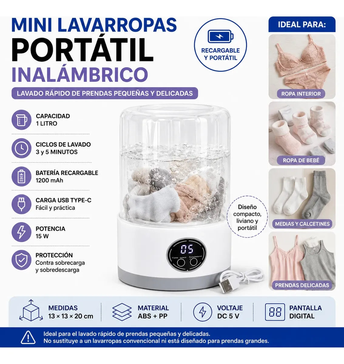 Mini lavarropas portátil recargable 1 L