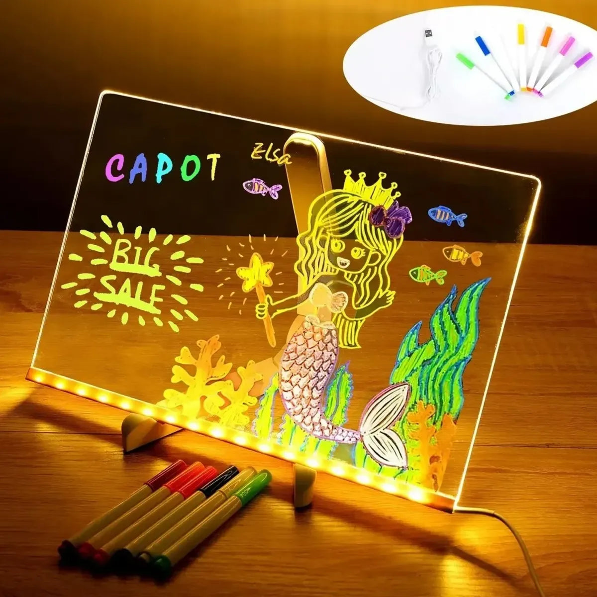 Pizarra Led Mágica Para Dibujar + Lapices De Colores