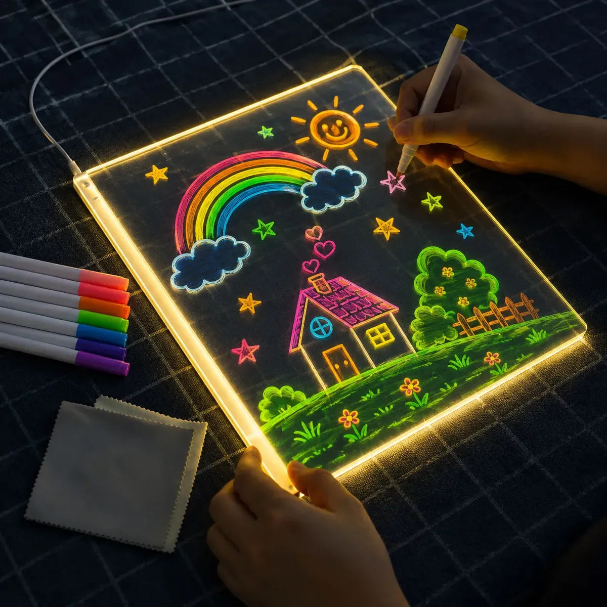 Pizarra Led Mágica Para Dibujar + Lapices De Colores